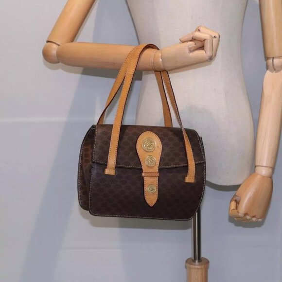 CELINE Macadam Canvas Hand Bag PVC Leather Brown Gold Auth - Picture 1 of 16